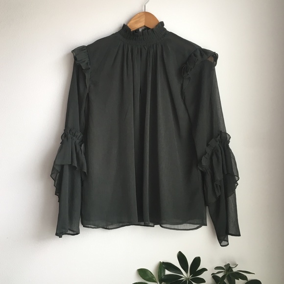 H&M Tops - Emerald Green Sheer Victorian High Neck Blouse